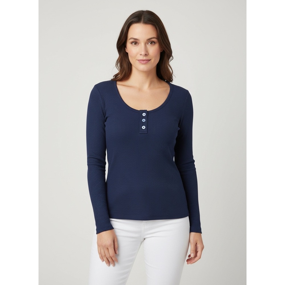 Happily‎ Grey Navy Blue Ribbed Henley Scoop Neck Long Sleeve Top Large NWT